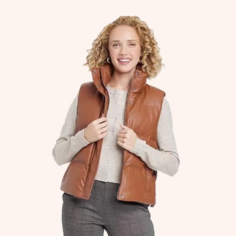 Women's Full Zipper Tan Brown Leather Casual Puffer Vest