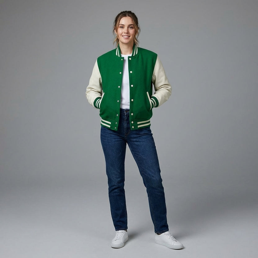 Womens Green Wool Varsity Jacket with Snap Button Closure