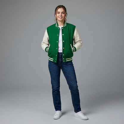Womens Green Wool Varsity Jacket with Snap Button Closure