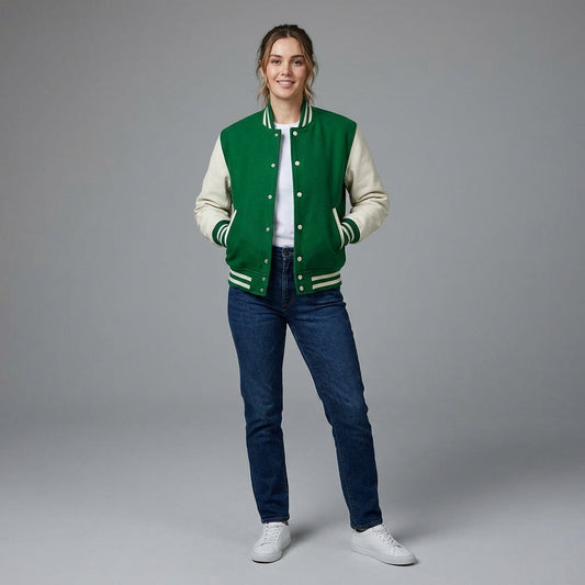 Womens Green Wool Varsity Jacket with Snap Button Closure