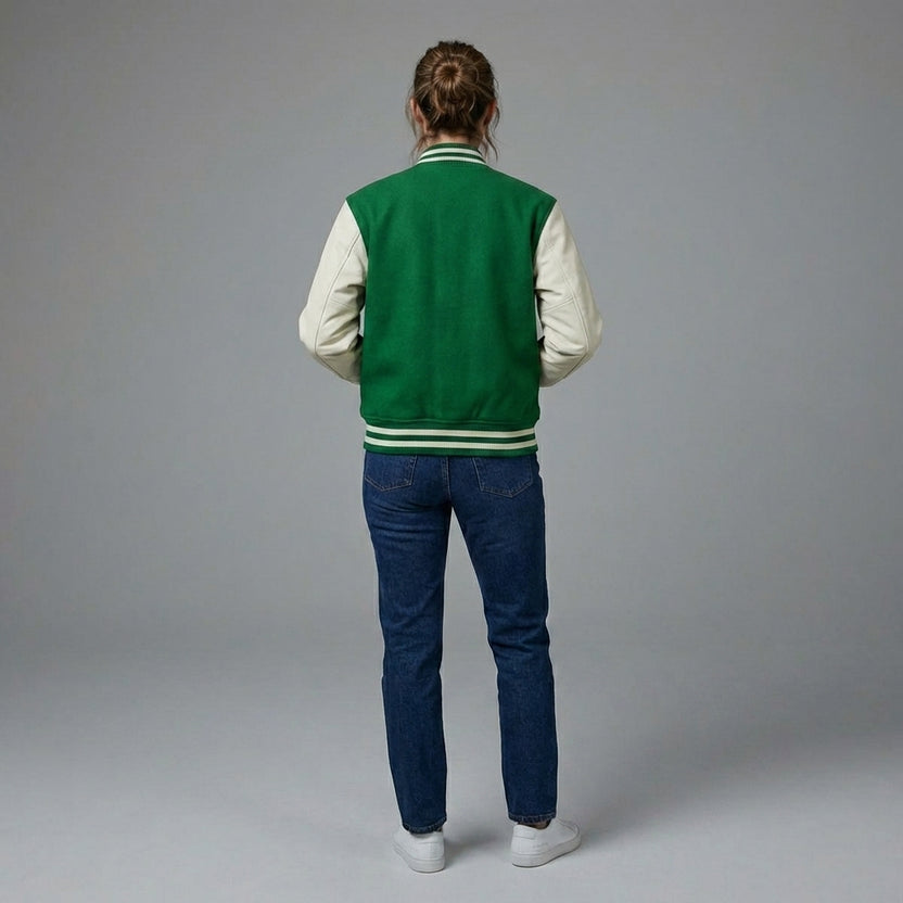 Womens Green Wool Varsity Jacket with Snap Button Closure