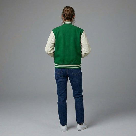 Womens Green Wool Varsity Jacket with Snap Button Closure