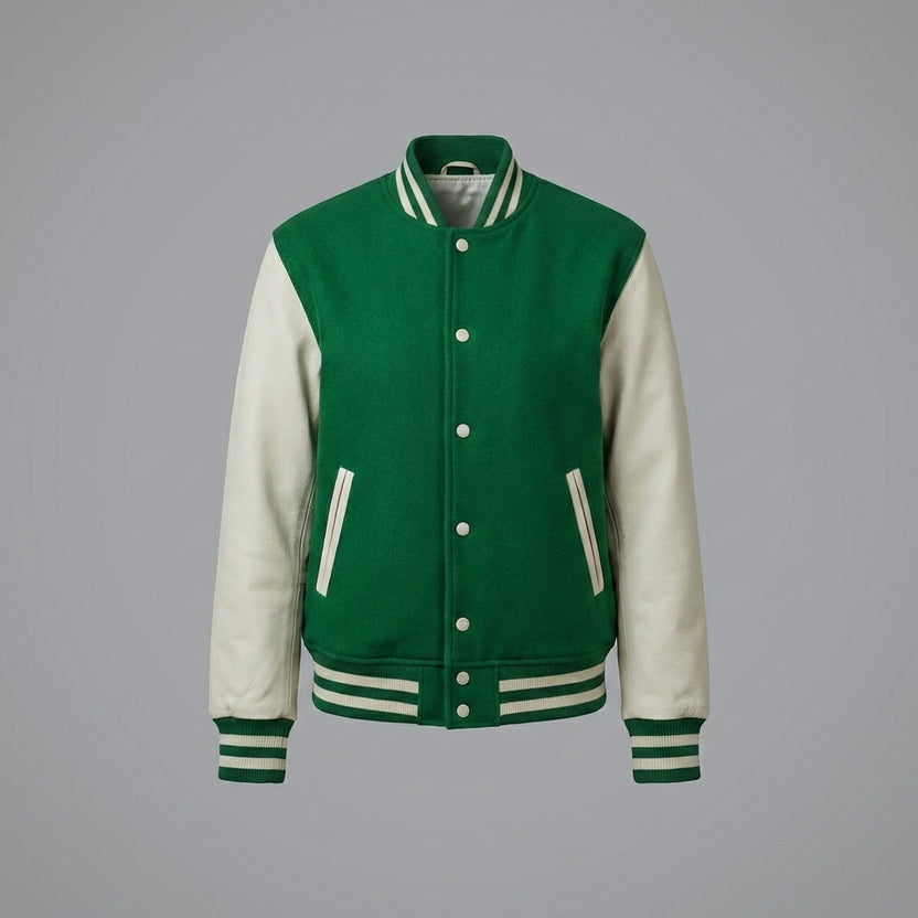 Womens Green Wool Varsity Jacket with Snap Button Closure
