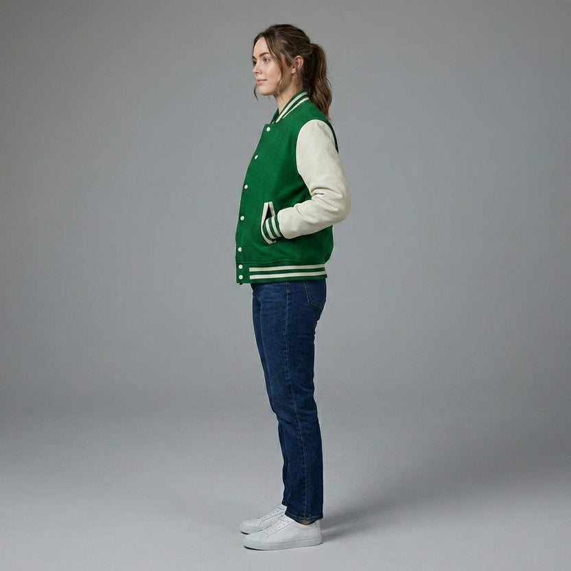 Womens Green Wool Varsity Jacket with Snap Button Closure
