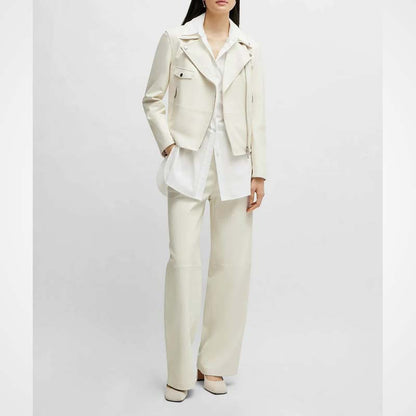 Women's Off-White Pure Lambskin Leather Biker Moto Jacket