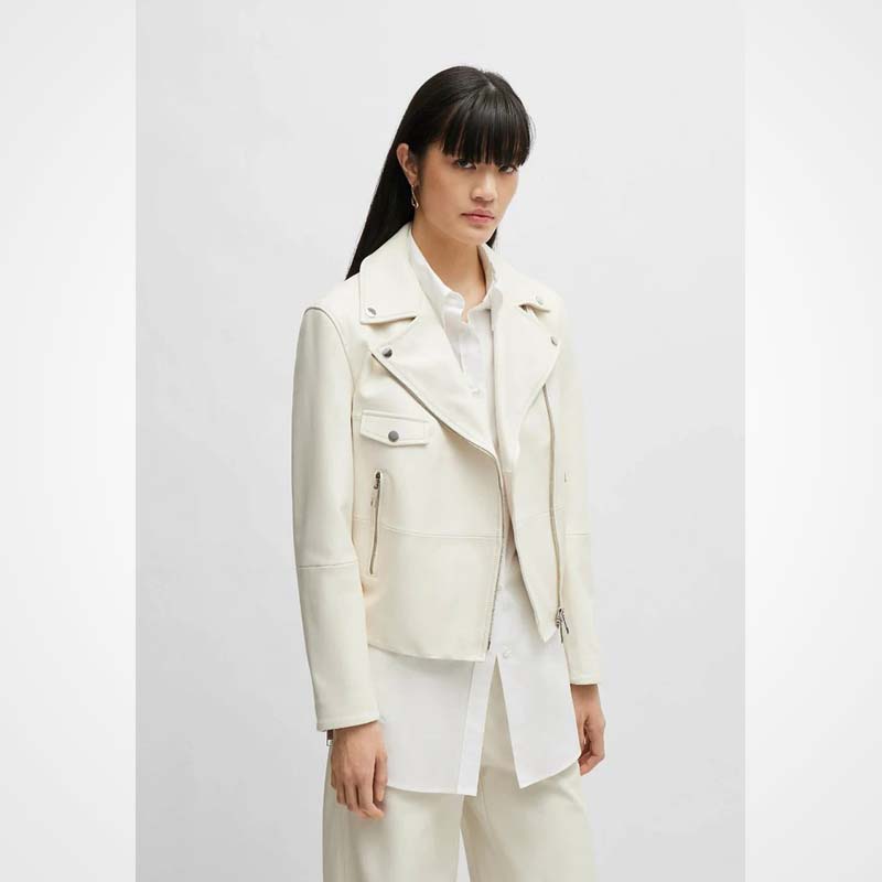 Women's Off-White Pure Lambskin Leather Biker Moto Jacket