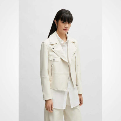 Women's Off-White Pure Lambskin Leather Biker Moto Jacket