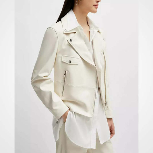 Women's Off-White Pure Lambskin Leather Biker Moto Jacket
