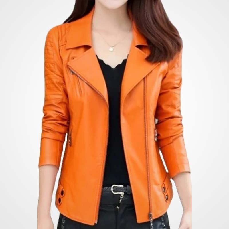 Women’s Orange Sheepskin Leather Moto Jacket