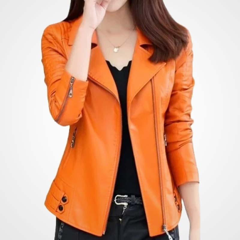 Women’s Orange Sheepskin Leather Moto Jacket