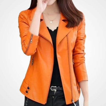 Women’s Orange Sheepskin Leather Moto Jacket