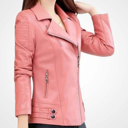 Womens Pink Sheepskin Moto Leather Biker Jacket
