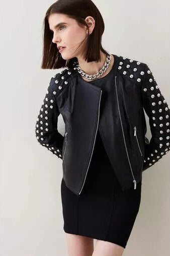 Womens Punk Black Studded Leather Biker Jacket