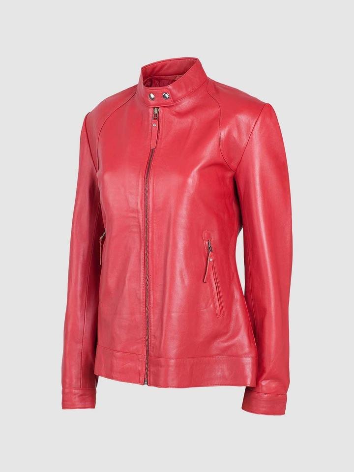 Women's Red Band Collar Biker Leather Jacket