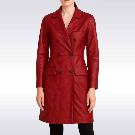 Women’s Red Genuine Leather Trench Coat Long Belted Jacket
