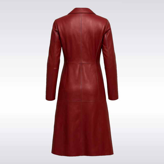 Women’s Red Genuine Leather Trench Coat Long Belted Jacket