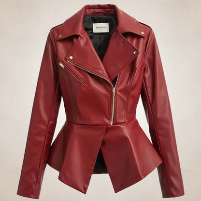 Women’s Red Peplum Leather Biker Jacket