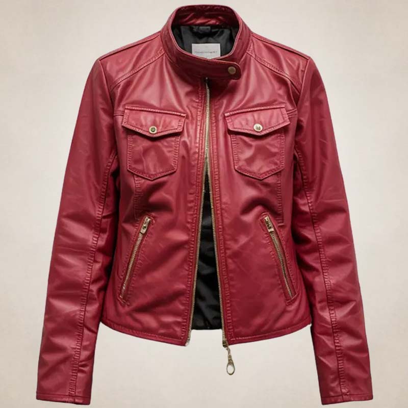 Women’s Red Real Leather Biker Jacket with Zipper Pockets