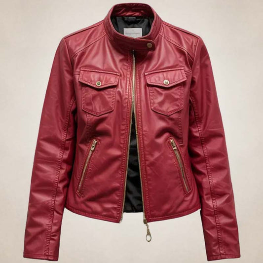 Women’s Red Real Leather Biker Jacket with Zipper Pockets