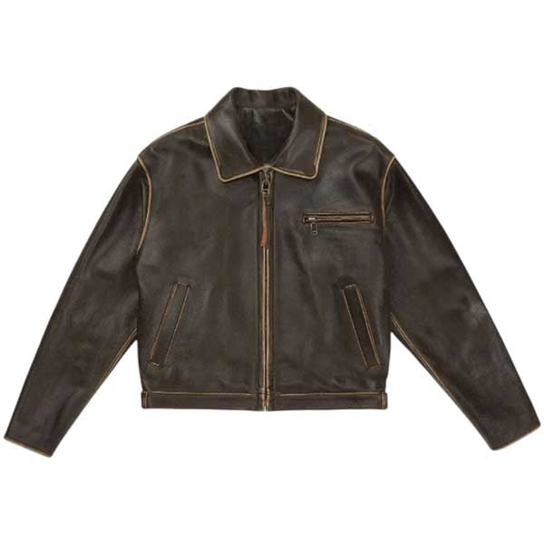Womens Vintage Brown Cowhide Shirt Collar Leather Jacket