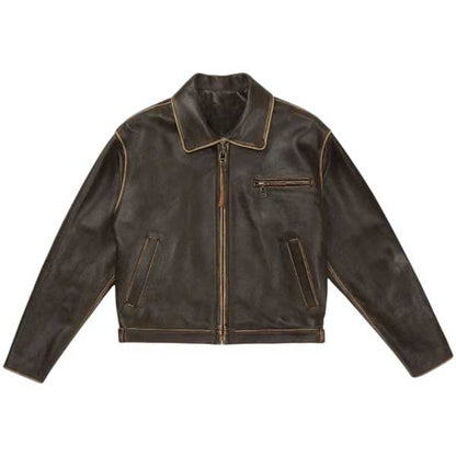 Womens Vintage Brown Cowhide Shirt Collar Leather Jacket