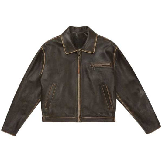 Womens Vintage Brown Cowhide Shirt Collar Leather Jacket