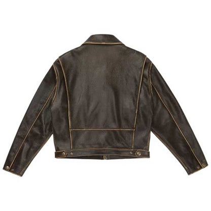 Womens Vintage Brown Cowhide Shirt Collar Leather Jacket
