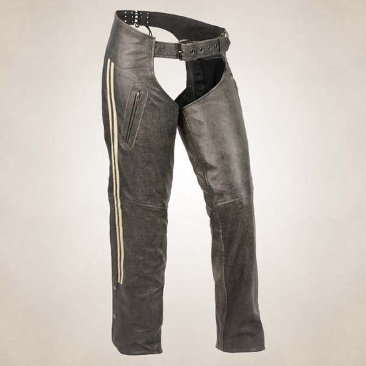 Women’s Vintage Slate Grey Leather Chaps with Racing Stripes