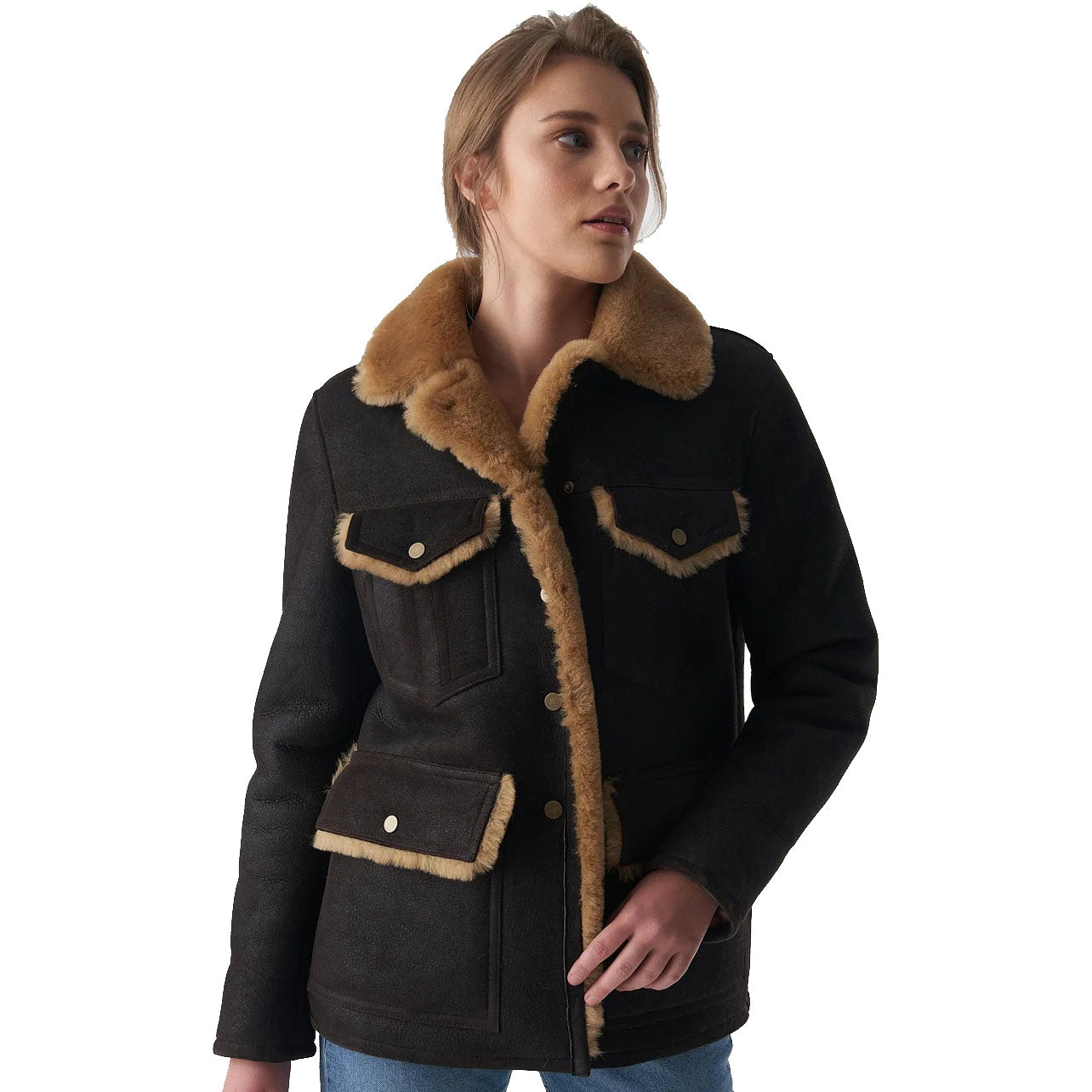 Women's Washed Brown Sheepskin Western Trucker Coat with Ginger Fur