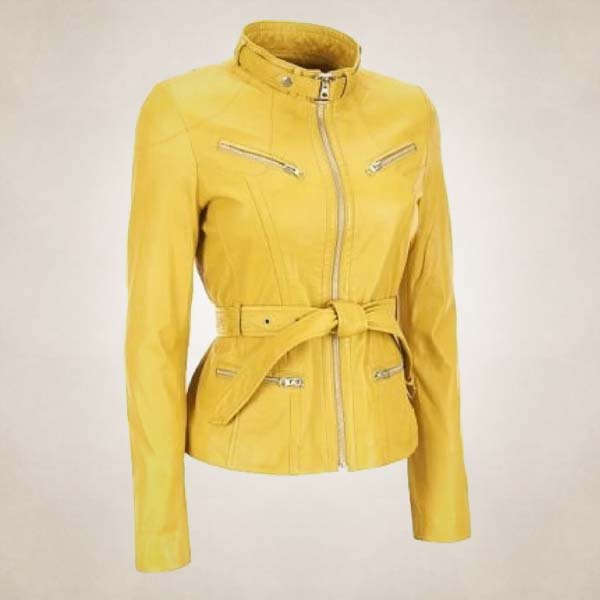 Women’s Yellow Western Sheepskin Leather Biker Jacket