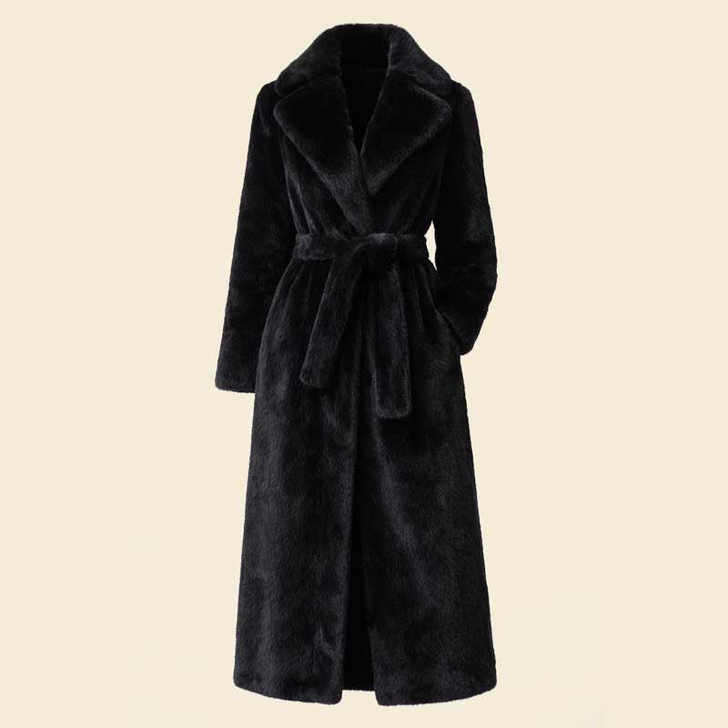 Womens black faux fur long coat full length winter overcoat