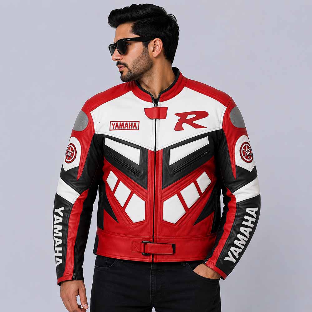 Men's Yamaha Racing Red Cowhide Leather Jacket with Performance Riding Fit