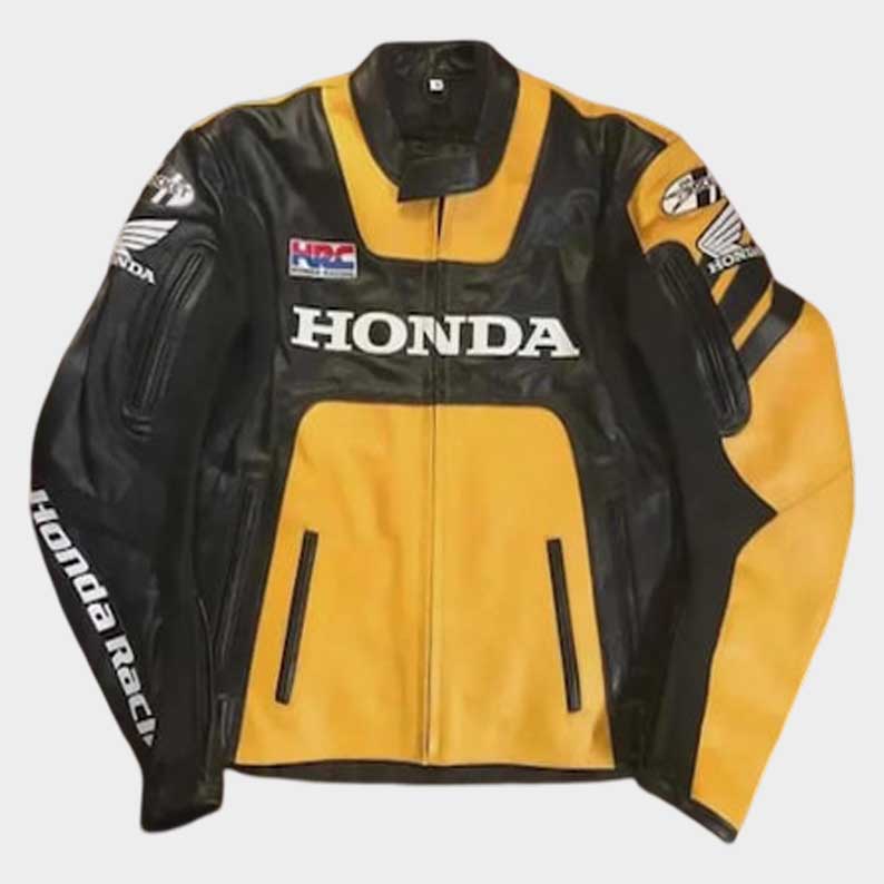 Yellow Honda Rocket leather motorcycle jacket with CE armor and racing graphics by Jackets Kingdom