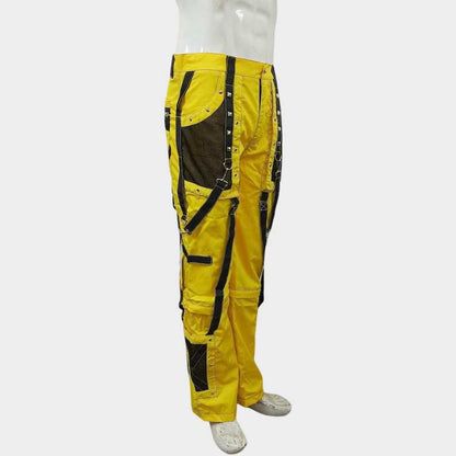 Yellow cyber industrial pants with black straps and mesh panels by Jackets Kingdom