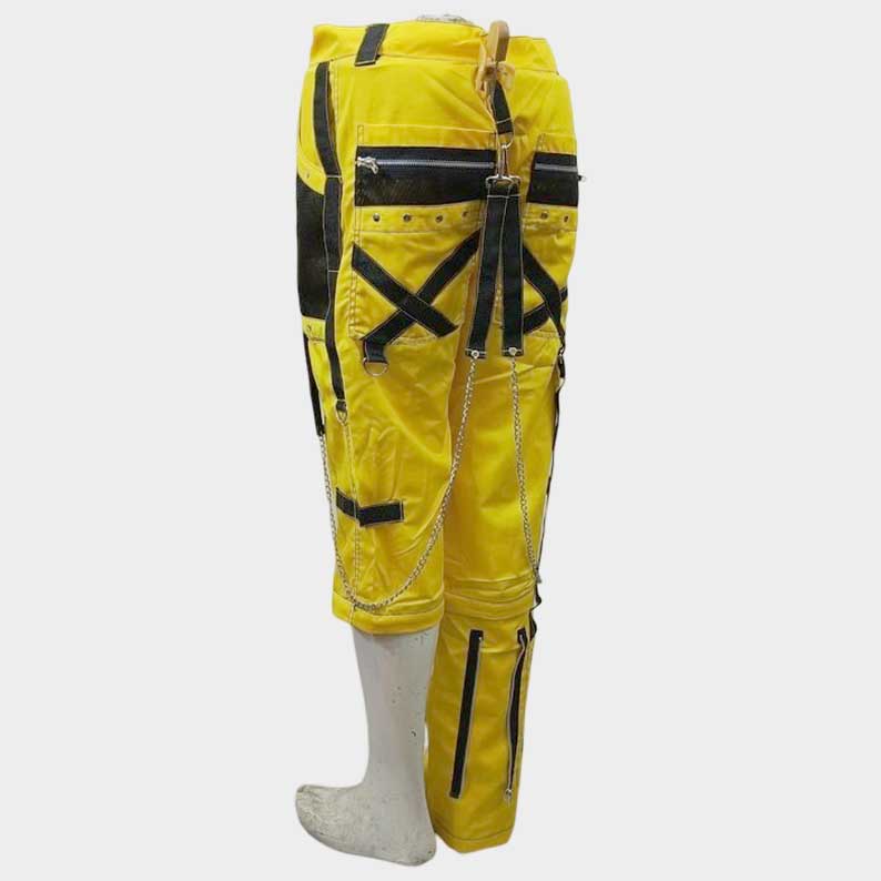 Yellow cyberpunk pants with multiple straps front view by Jackets Kingdom