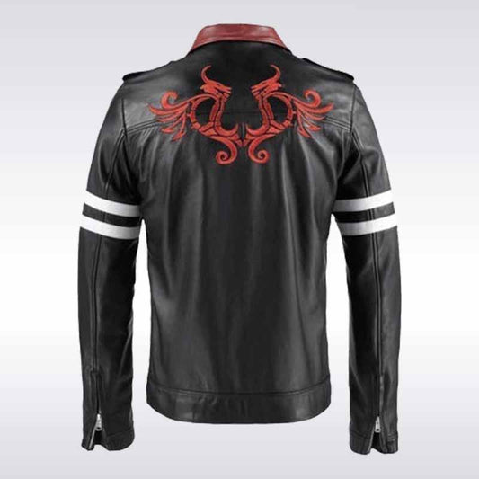 Black leather jacket with red dragon design on the back