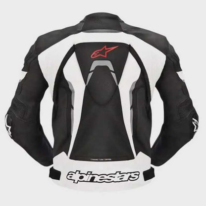 Back view of Alpinestars Men's Pro Armor Motorcycle Race Leather Jacket showing CE-certified back protector panel and seam construction by Jackets Kingdom