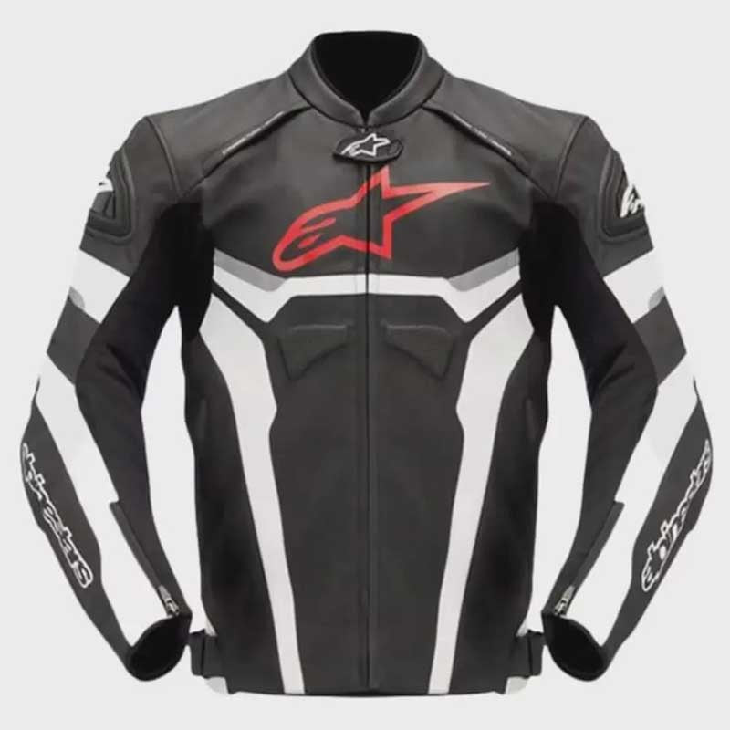 Front view of Alpinestars Men's Pro Armor Motorcycle Race Leather Jacket showing full YKK zip closure and sport fit design by Jackets Kingdom