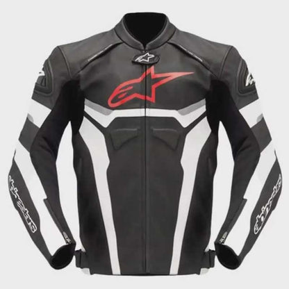 Front view of Alpinestars Men's Pro Armor Motorcycle Race Leather Jacket showing full YKK zip closure and sport fit design by Jackets Kingdom