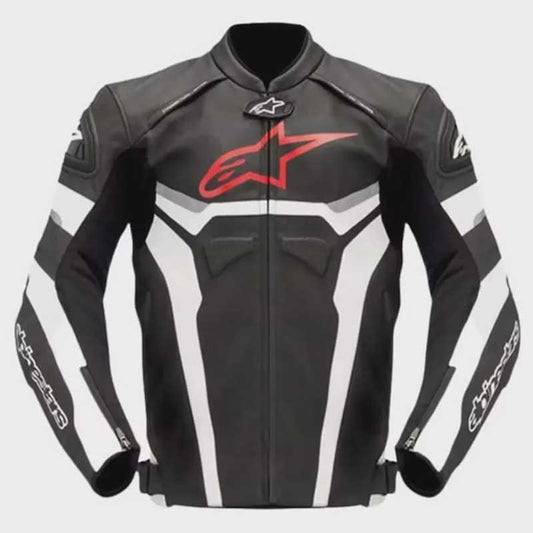 Front view of Alpinestars Men's Pro Armor Motorcycle Race Leather Jacket showing full YKK zip closure and sport fit design by Jackets Kingdom