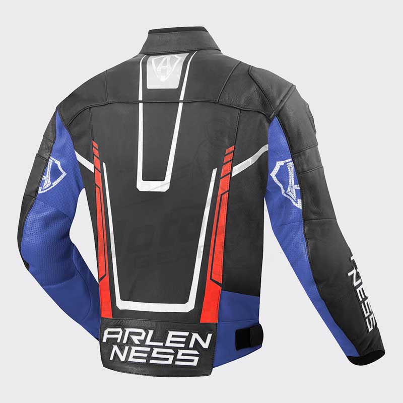 Back view of Arlen Ness Track Motorcycle Leather Jacket showing back protector ready panel and seam construction by Jackets Kingdom