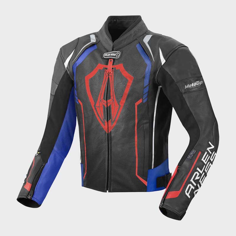 Front view of Arlen Ness Track Motorcycle Leather Jacket showing full zip closure and chest ventilation by Jackets Kingdom