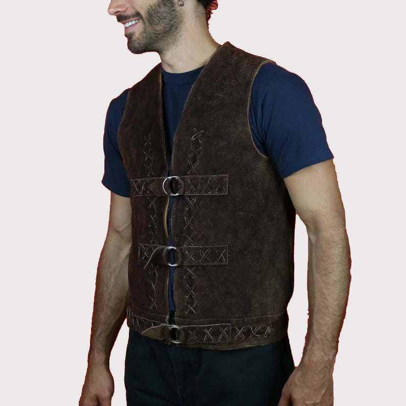 Authentic Dark Brown Suede Men's Leather Vest