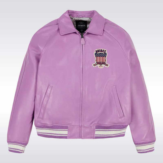 Avirex Men’s Purple Leather Varsity Bomber Jacket with USA Patch