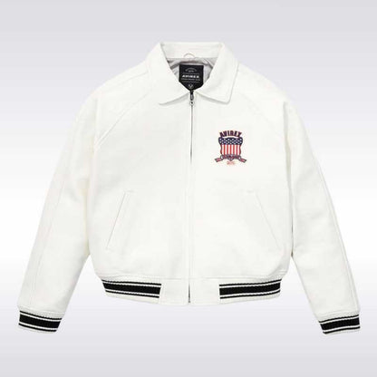 Avirex USA White Varsity Bomber Jacket with Crest