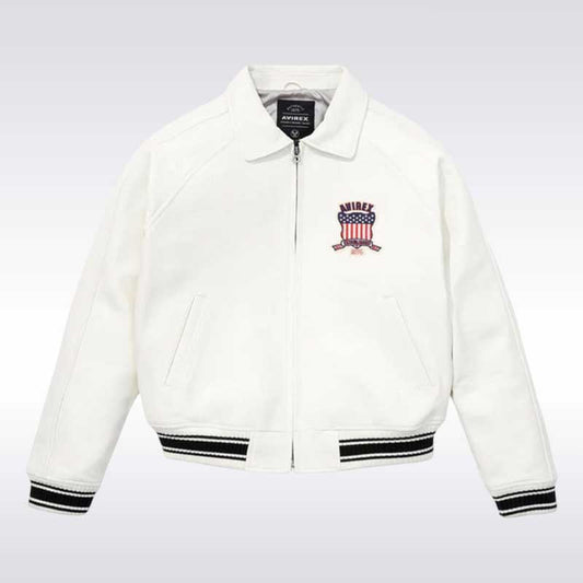 Avirex USA White Varsity Bomber Jacket with Crest