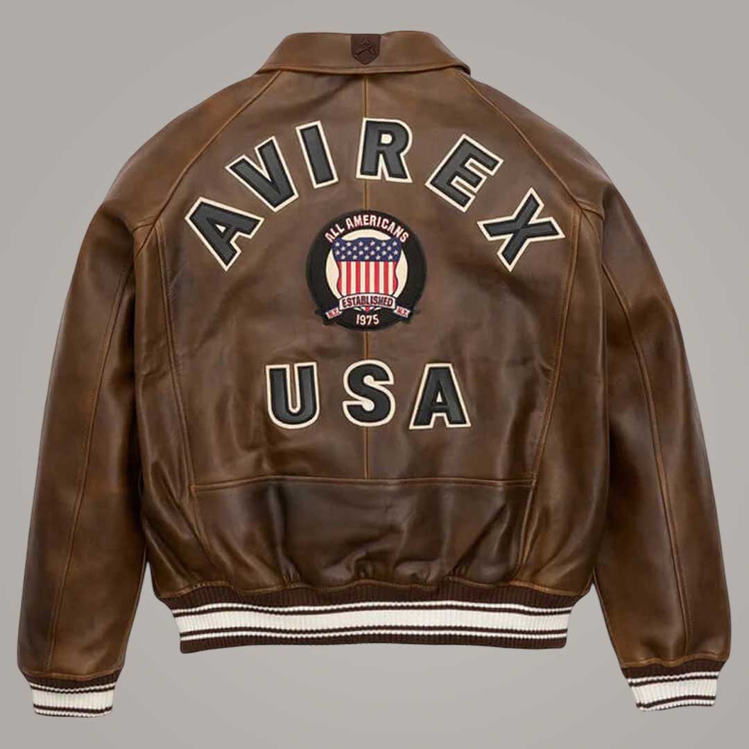 Limited Edition Avirex Brown Varsity Leather Jacket Close Up by Jackets Kingdom