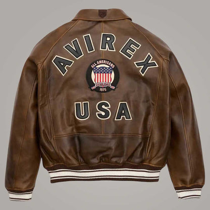 Limited Edition Avirex Brown Varsity Leather Jacket Close Up by Jackets Kingdom