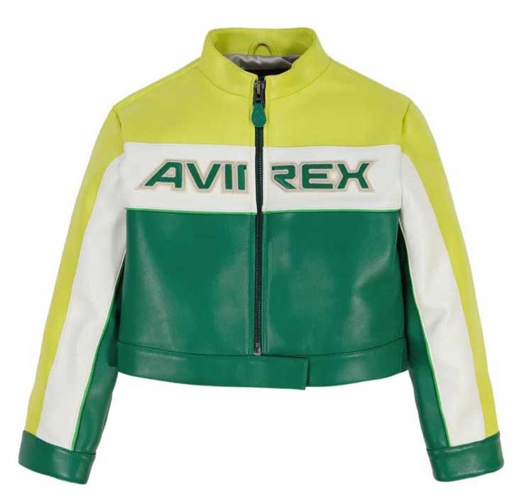 Avirex Womens Cropped Green and Yellow Cowhide Leather Bomber Jacket