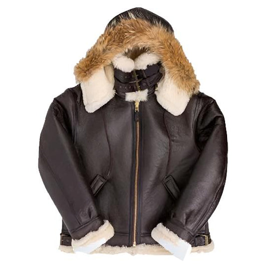 B-3 Hooded Sheepskin Bomber Leather Jacket